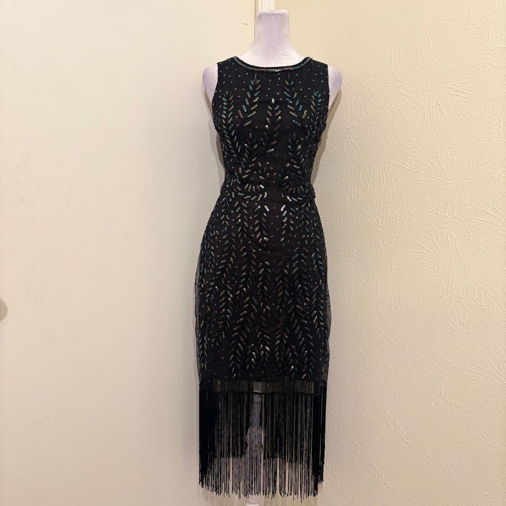 Babeyond Black Iridescent Sequin Beaded Fringe Dress Deep V Back Fairy Goth M